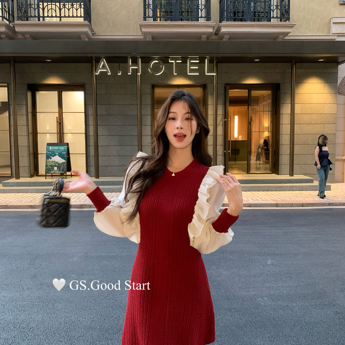 GS.GOOD START-穿都美秋冬浪漫法式千金感假两件针织连衣裙G7537