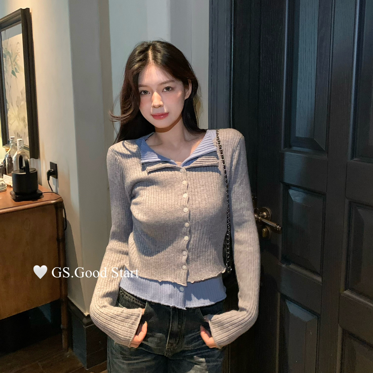GS.GOOD START-色好看加倍～秋冬韩系撞色假两件百搭针织小衫G719