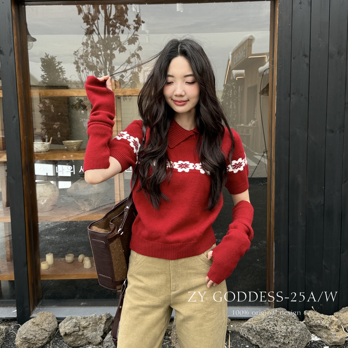 ZY GODDESS-印花宽松短袖针织衫羊毛毛衣(配袖套)（含16羊毛）EM9