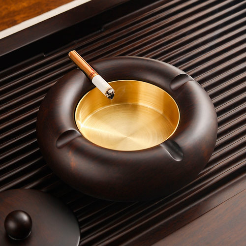 优选黄铜烟灰缸带盖办公室茶桌创意个性潮流黑檀木防飞灰大号烟缸