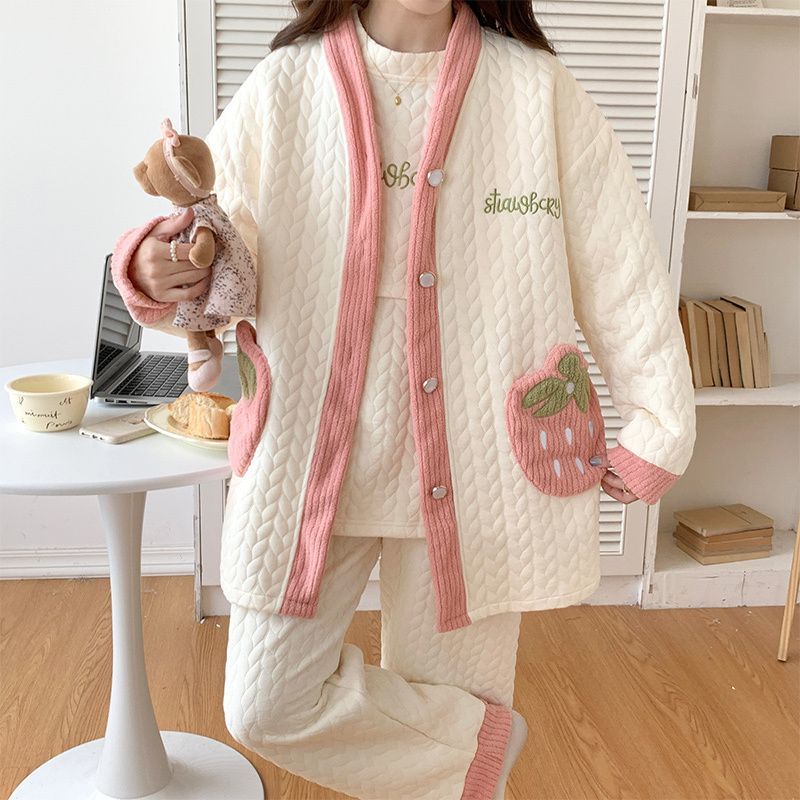 睡衣女长袖男士家居服加大码休闲保暖套装金丝绒韩版开衫春秋情侣