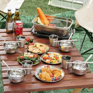 304不锈钢户外餐具便携多人露营登山用品装 备野炊碗盘杯筷勺套装