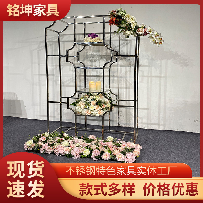 工厂批发婚庆婚礼道具电镀金色花架舞台架子室内不锈钢舞台装饰