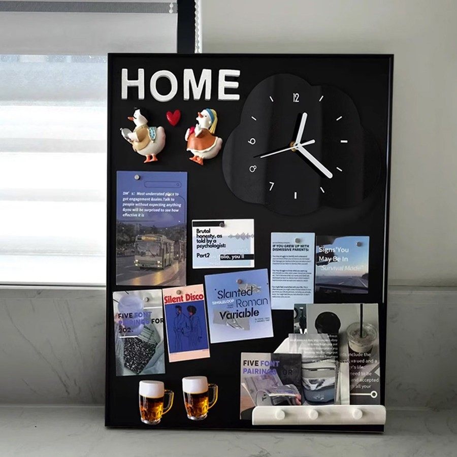带钟表电表箱装饰画现代简约蓝色冰箱贴黑板画竖款时钟置物架挂画