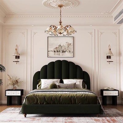 优选法式复古风布艺床双人大床高靠背高档绿色绒布花瓣公主床设计