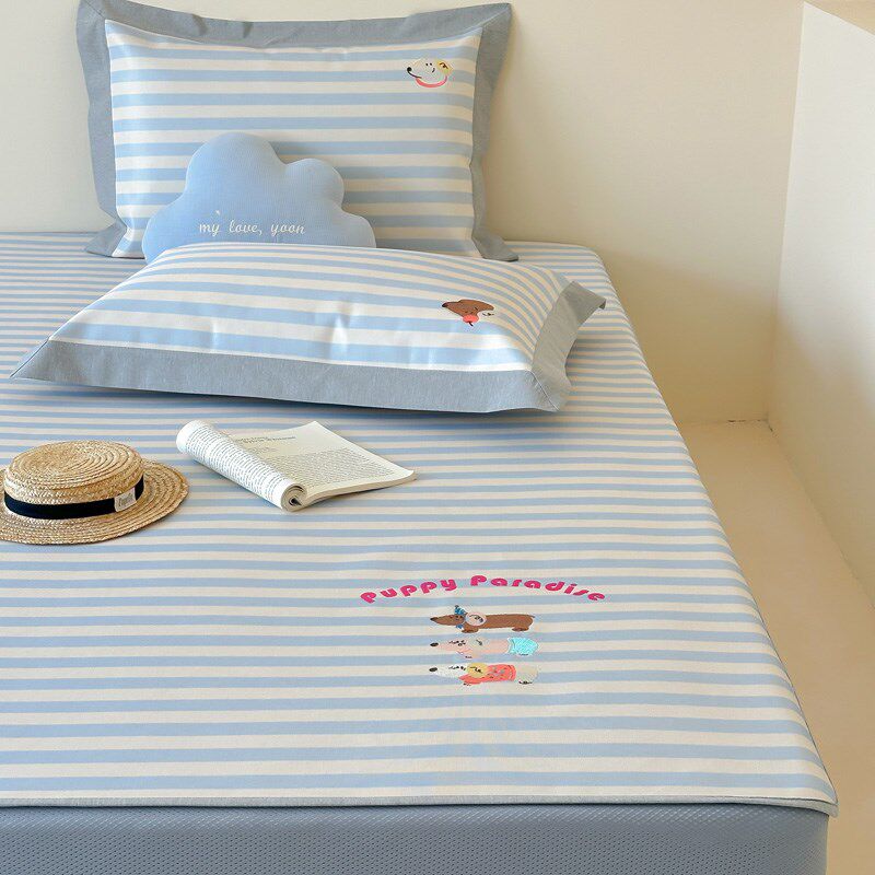 优选可爱夏季凉感冰丝席三件套 刺绣卡通可水洗空调席床笠款凉席