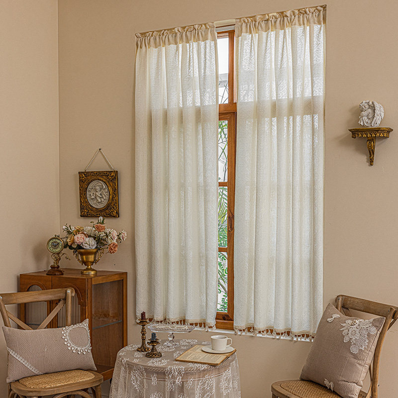 优选法式流苏纱帘透光不透人窗帘卧室棉麻遮阳飘窗布短款半帘隔断