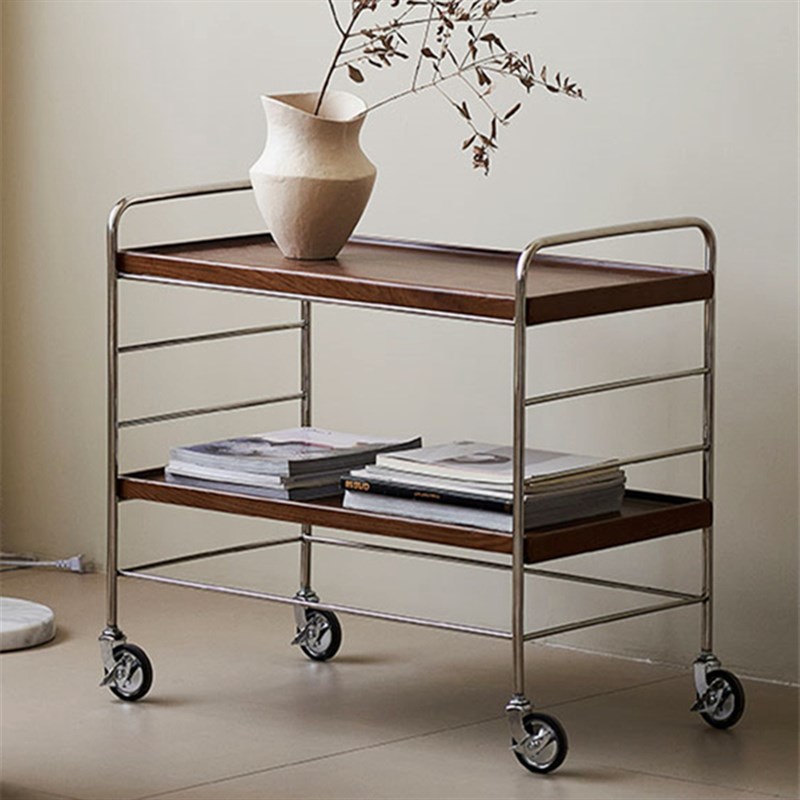 优选极简不锈钢实木小茶几可移动边几推车客厅沙发边角几边柜金属
