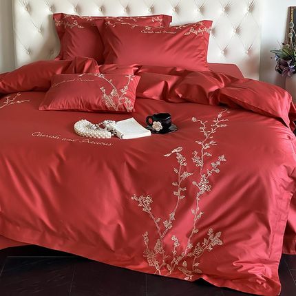 优选新中式婚庆120S贡缎长绒棉四件套花鸟刺绣全棉结婚款被套床上