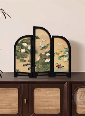 优选新中式花鸟小屏风桌面摆件创意折叠装饰画 画中古风摆画 画茶
