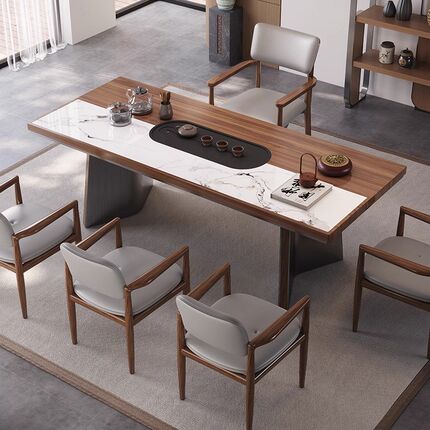 优选意式极简办公室泡茶桌组合岩板实木双拼茶桌现代高端别墅大板