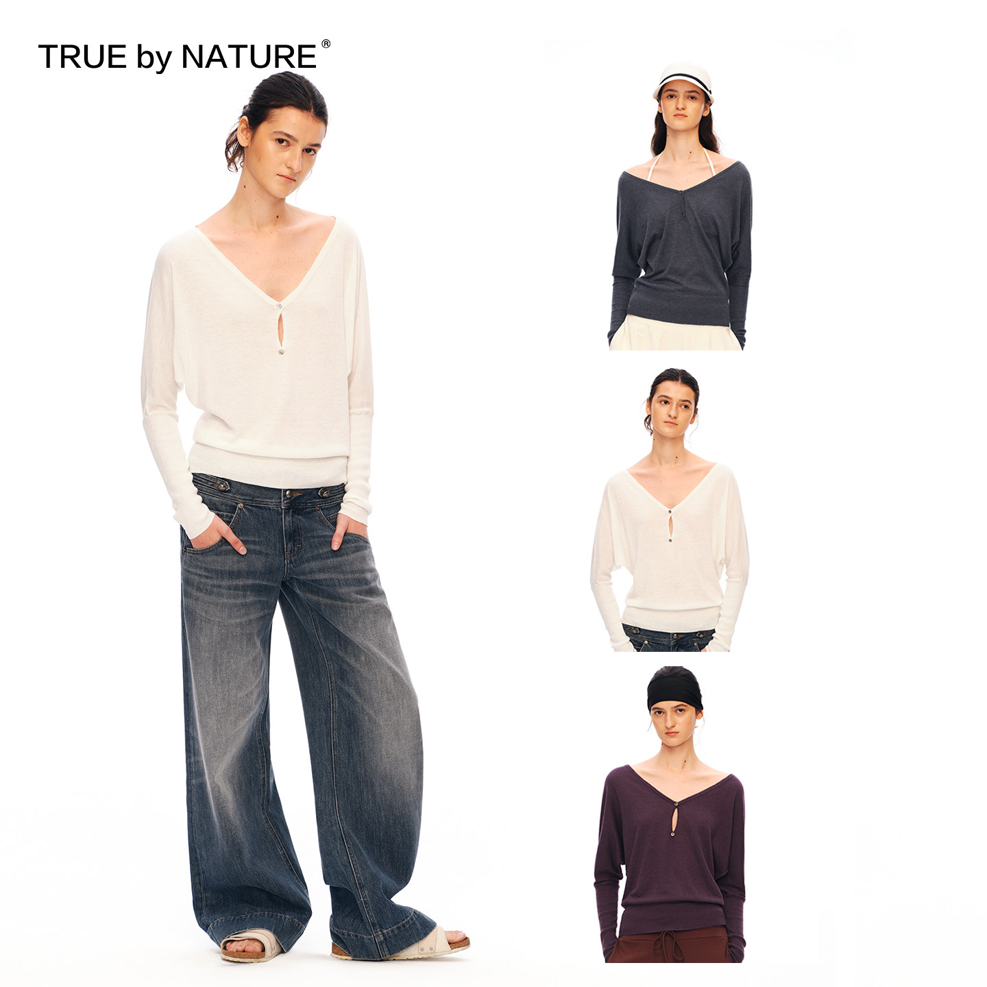 TRUE by NATURE蝙蝠袖半开V领可调节轻薄针织T恤简约长袖上衣