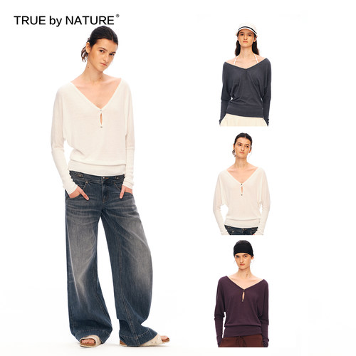 TRUE by NATURE蝙蝠袖半开V领可调节轻薄针织T恤简约长袖上衣