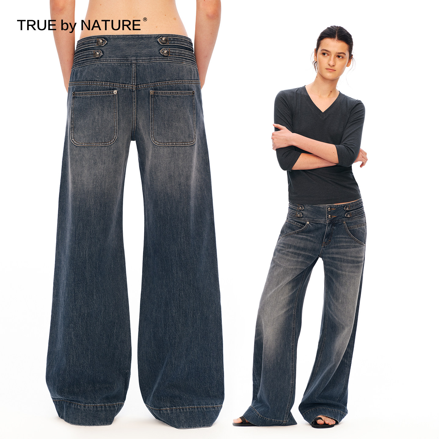 TRUE by NATURE拿破仑宫廷立体金属扣装饰设计感低腰直筒牛仔裤