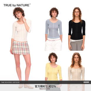 TRUE by NATURE 坑条纹镂空拼接设计轻薄七分袖修身针织短袖T恤女