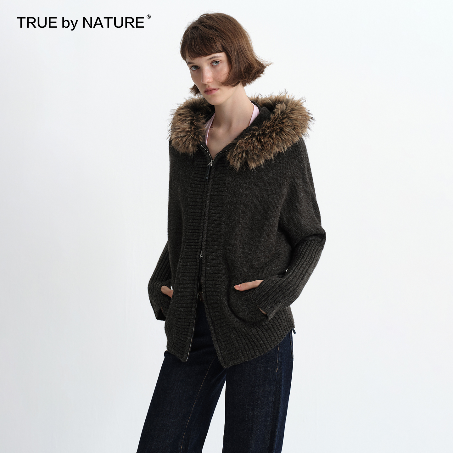 TRUE by NATURE 复古可拆卸毛领拼接宽松羊毛连帽开衫毛衣外套