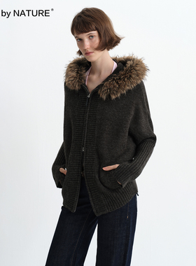 TRUE by NATURE 复古可拆卸毛领拼接宽松羊毛连帽开衫毛衣外套