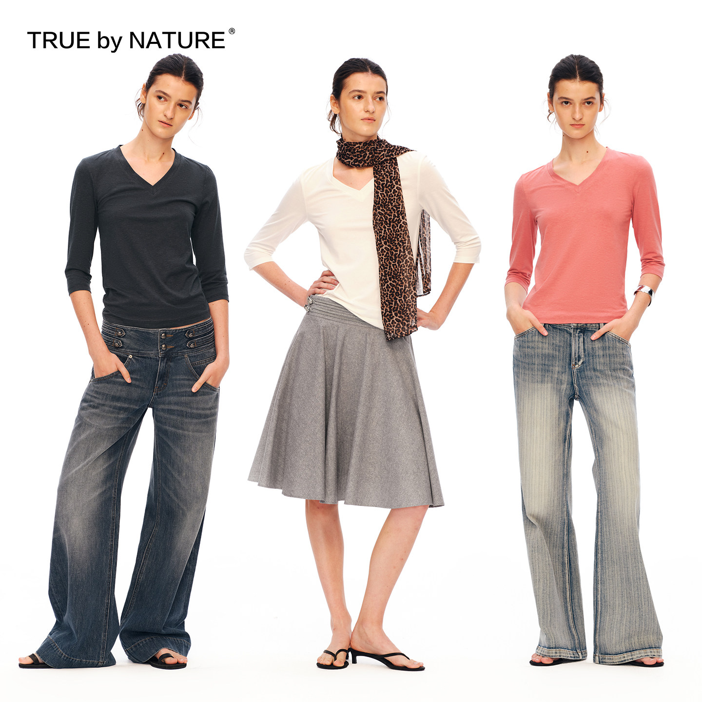 TRUE by NATURE 棉麻混纺 基础款小V领修身舒适透气七分袖短袖T恤