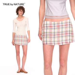 TRUE by NATURE 亚麻复古格纹轻薄透气低腰A字短裙包臀半身裙