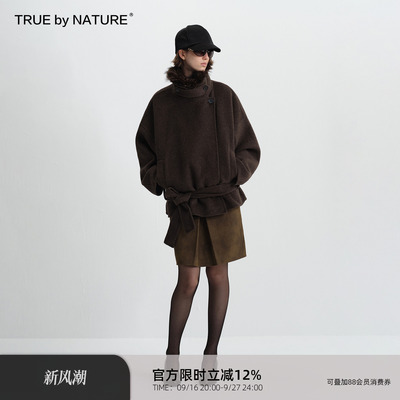 TRUE by NATURE 70%羊毛 复古双面呢可拆卸毛领短款毛呢大衣外套