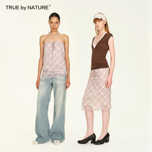 TRUE by NATURE 两穿设计感直筒格纹半身裙多样穿搭抹胸抽绳上衣