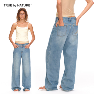 TRUE by NATURE 清蓝复古廓形水洗宽松中腰阔腿牛仔裤女直筒长裤