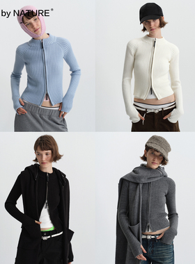 TRUE by NATURE 慵懒高级感修身双拉链坑条纹羊毛短款开衫毛衣