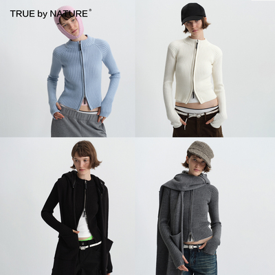 TRUE by NATURE 慵懒高级感修身双拉链坑条纹羊毛短款开衫毛衣