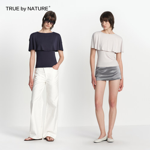 TRUE by NATURE 莫代尔设计感微露肩多穿造型斗篷罩衫短袖t恤女夏