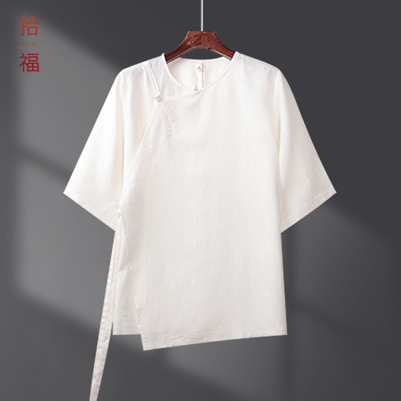 中青年夏季男士白色五分袖唐装休闲宽松薄款透气中式上衣纯色短袖