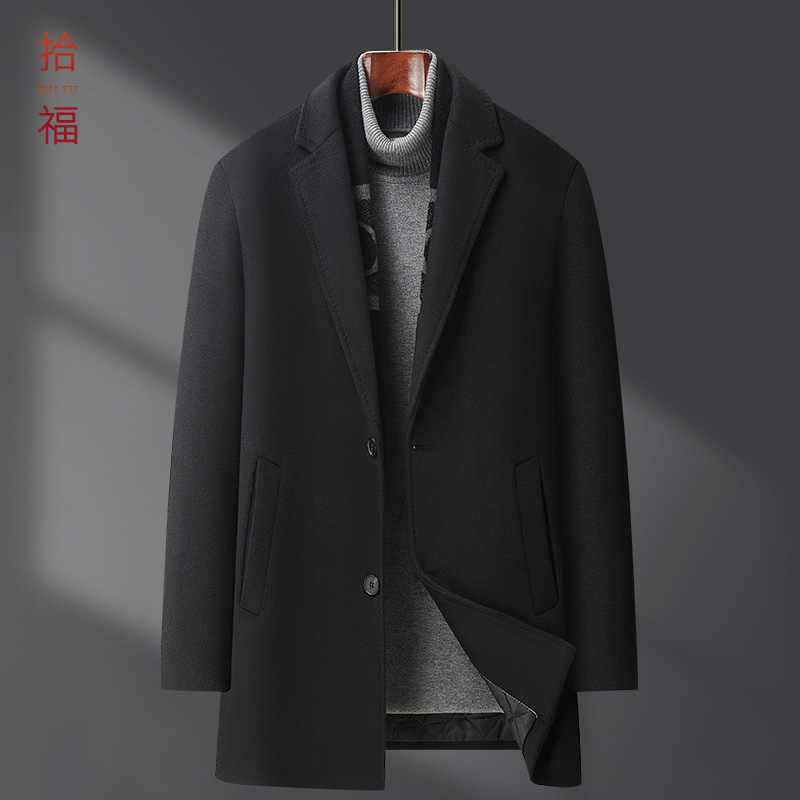 中青年男士秋冬商务休闲毛呢大衣男中长款西装领单排扣带围脖外套