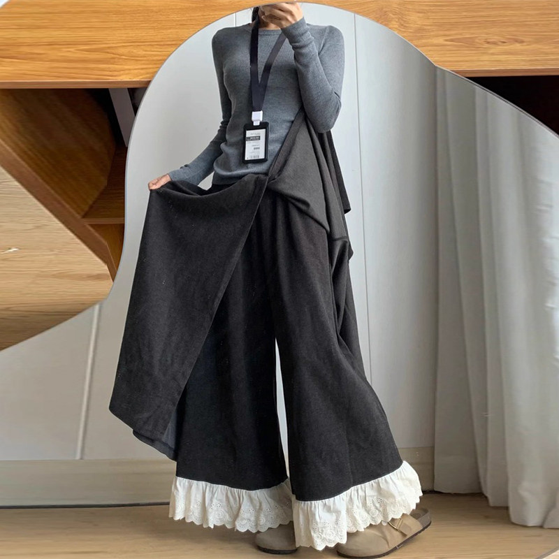 百搭休闲高腰宽松加绒拼接蕾丝花边阔腿裤女2025新款秋冬显瘦裙裤,女装/女士精品,休闲裤,淘宝优惠券,粉丝福利购,淘宝优惠卷