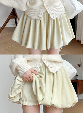 淡黄色半身百褶裙女花苞裙裤2025秋季新款高腰小个子糯米A字短裙