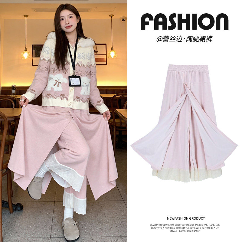 粉色梧桐裤裙女秋冬新款百搭假两件蕾丝花边拼接慵懒风毛呢阔腿裤,女装/女士精品,休闲裤,淘宝优惠券,粉丝福利购,淘宝优惠卷