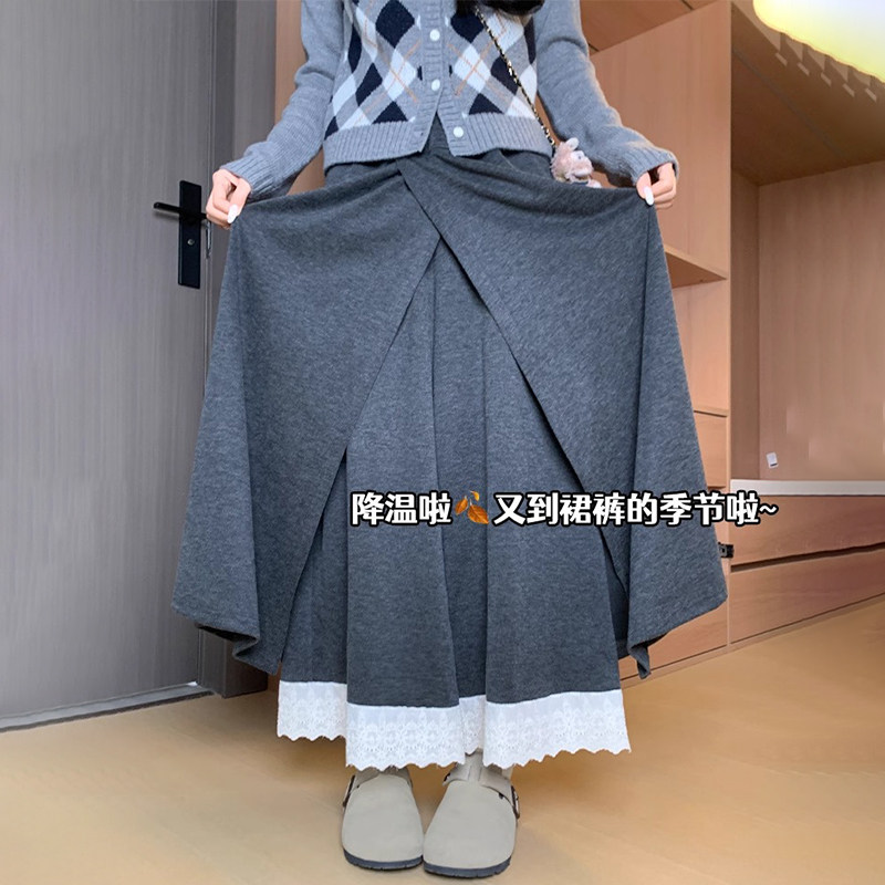 深灰色蕾丝花边假两件裙裤女秋冬季2026新款小个子高腰休闲阔腿裤,女装/女士精品,休闲裤,淘宝优惠券,粉丝福利购,淘宝优惠卷