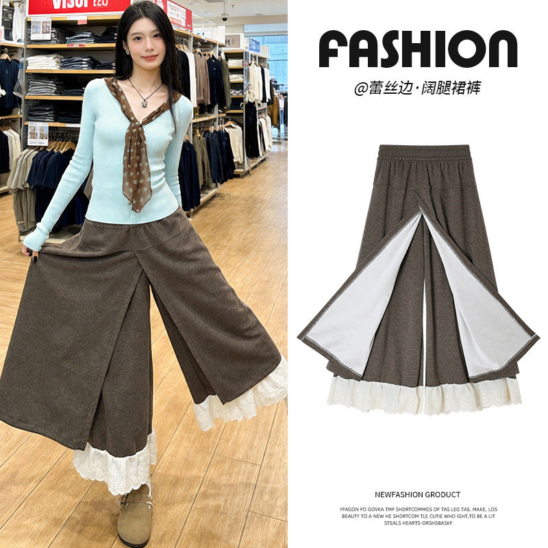 咖色蛋糕感蕾丝花边裙裤女秋冬2026新款小个子设计毛呢休闲阔腿裤,女装/女士精品,休闲裤,淘宝优惠券,粉丝福利购,淘宝优惠卷
