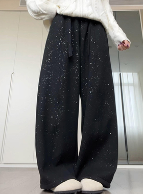黑色星空亮片羊绒弯刀裤女25秋冬款加绒高腰显瘦阔腿裤直筒休闲裤
