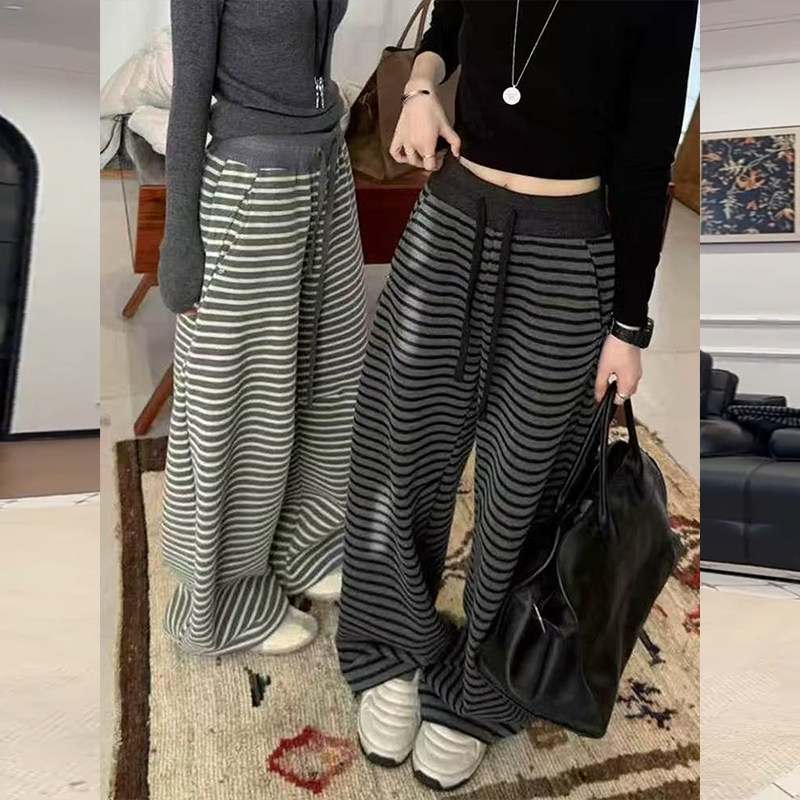 2025年新款秋冬条纹加绒阔腿裤高腰宽松百搭小个子显瘦直筒休闲裤,女装/女士精品,休闲裤,淘宝优惠券,粉丝福利购,淘宝优惠卷