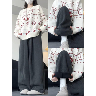 加绒弯刀裤子女秋冬季宽松直筒裤垂感中线休闲灰色香蕉运动裤