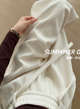 美式米灰色抽绳弯刀裤女秋季2025新款阔腿裤高腰窄版宽松休闲卫裤