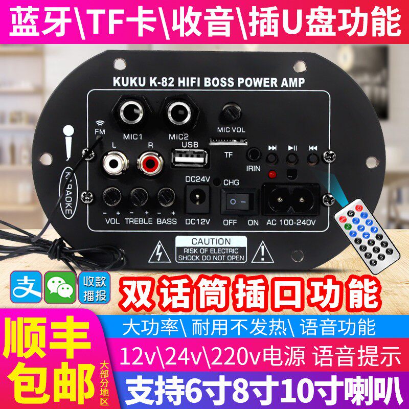 DIY车载音响低音炮功放板蓝牙K歌家用改装主板220V12V24V圆筒音箱