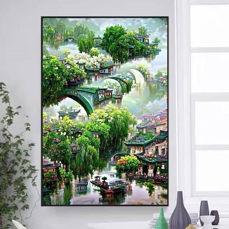 春夏秋冬四季十字绣2023新款客厅绣线满绣风景山水画四联画手工绣