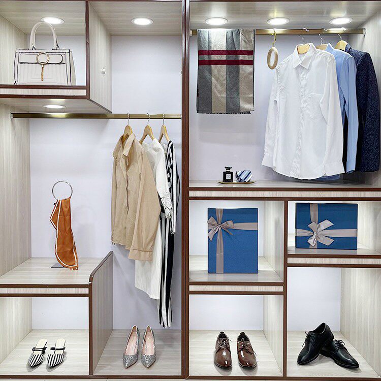 现代主卧老人房衣柜衣帽间软装样板房衣服展厅服装鞋包道具摆件