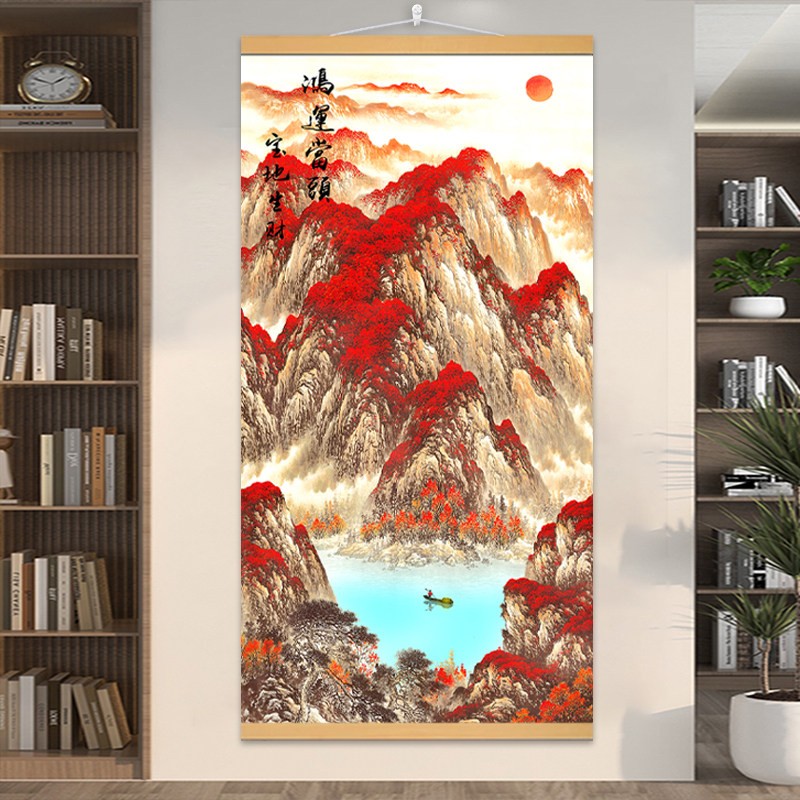 竖款鸿运当头山水画挂画玄关客厅电视墙防水装饰国画背後有靠山图