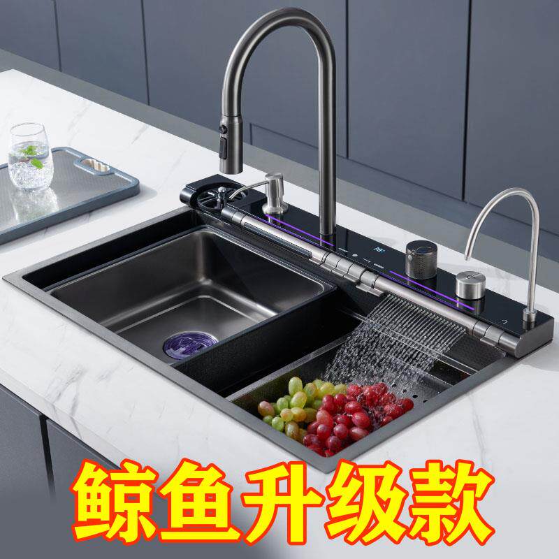 万年良匠鲸鱼厨房飞雨洗菜盆304瀑布X8加厚不锈钢数显X9大单水槽