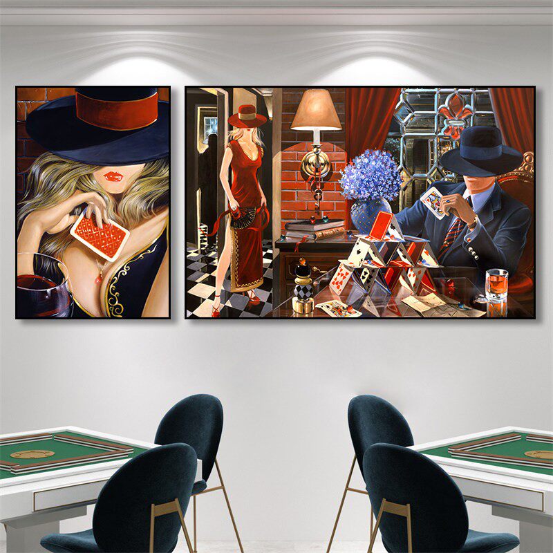 棋牌室挂画美式复古酒吧咖啡店娱乐会所装饰画德州扑克牌纸牌壁画