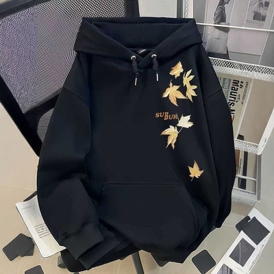 国潮美式枫叶印花重磅连帽卫衣男