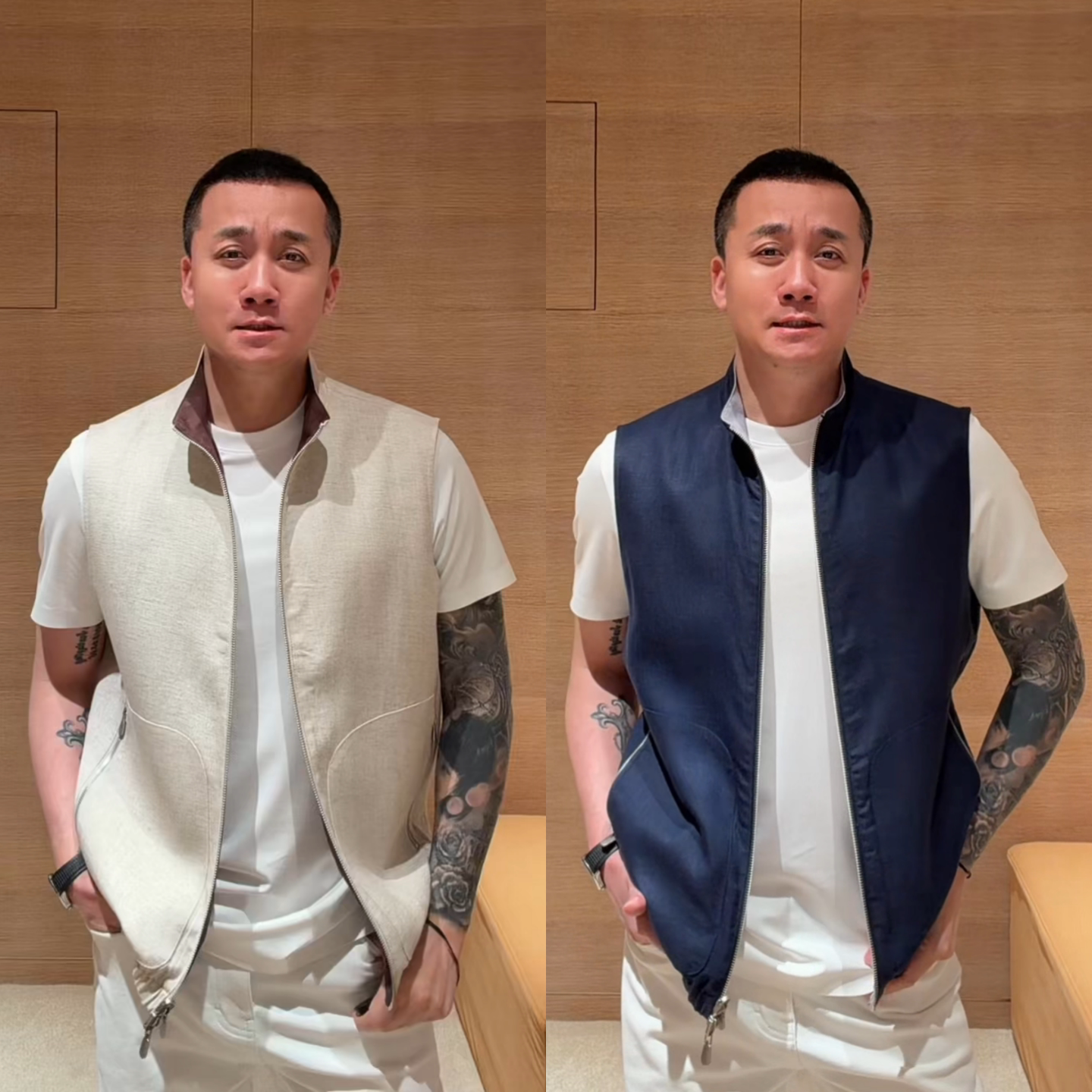 轻奢风男士亚麻双面穿马甲商务休闲立领拉链百搭潮流马甲简约百搭