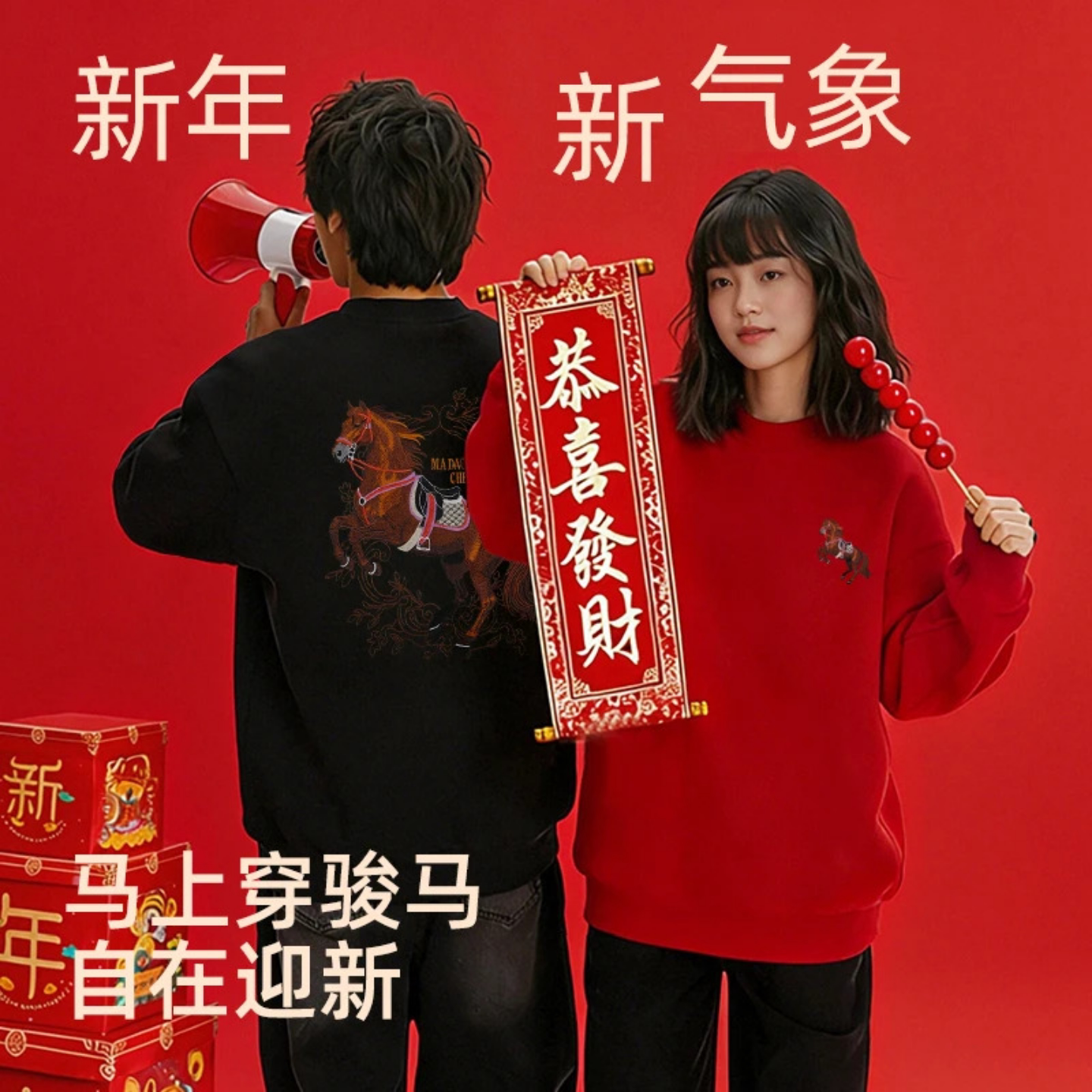 冬季贺岁新年骏马加绒加厚卫衣