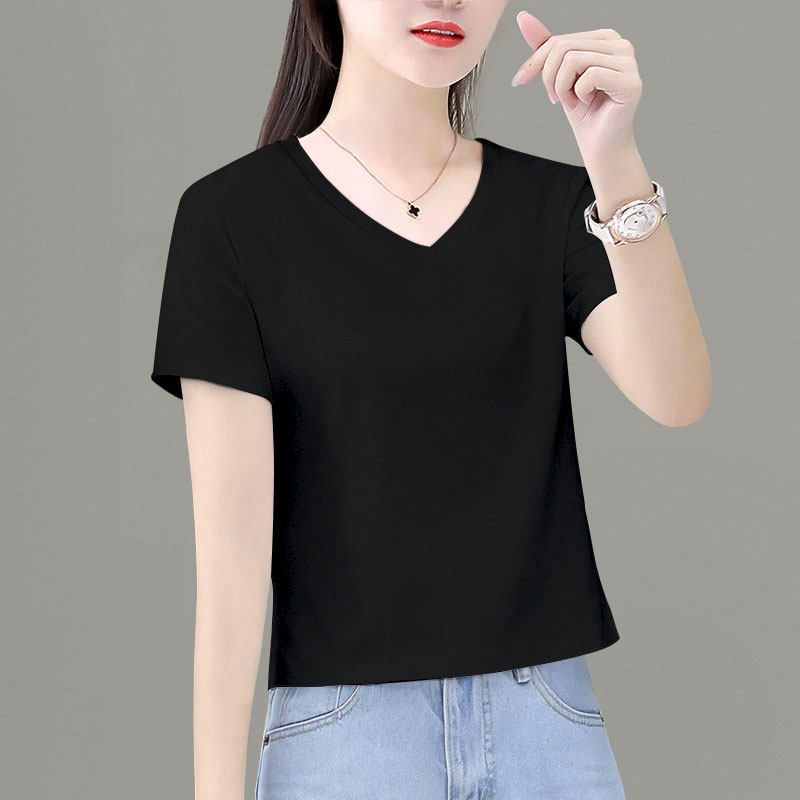 新款白色短高腰短袖女2025夏季纯色小个子纯棉领v上衣体恤恤t百搭